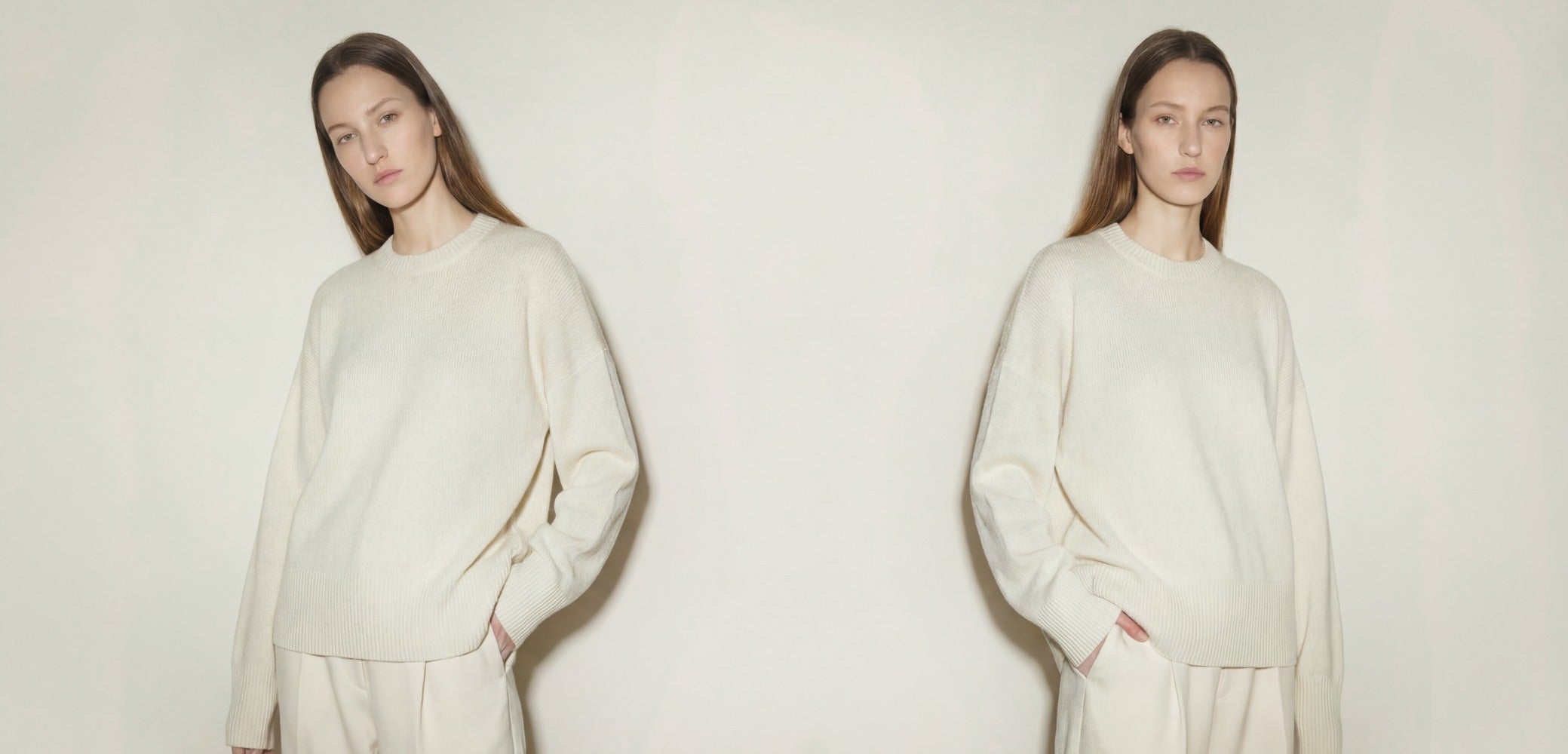 Two identical images of a person wearing a cream-colored outfit against a plain background